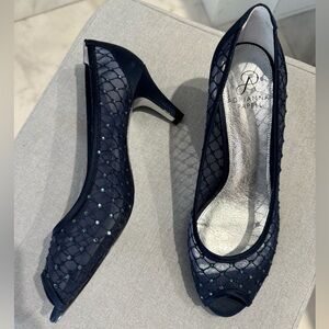 Blue Peep toe satin crystal pumps